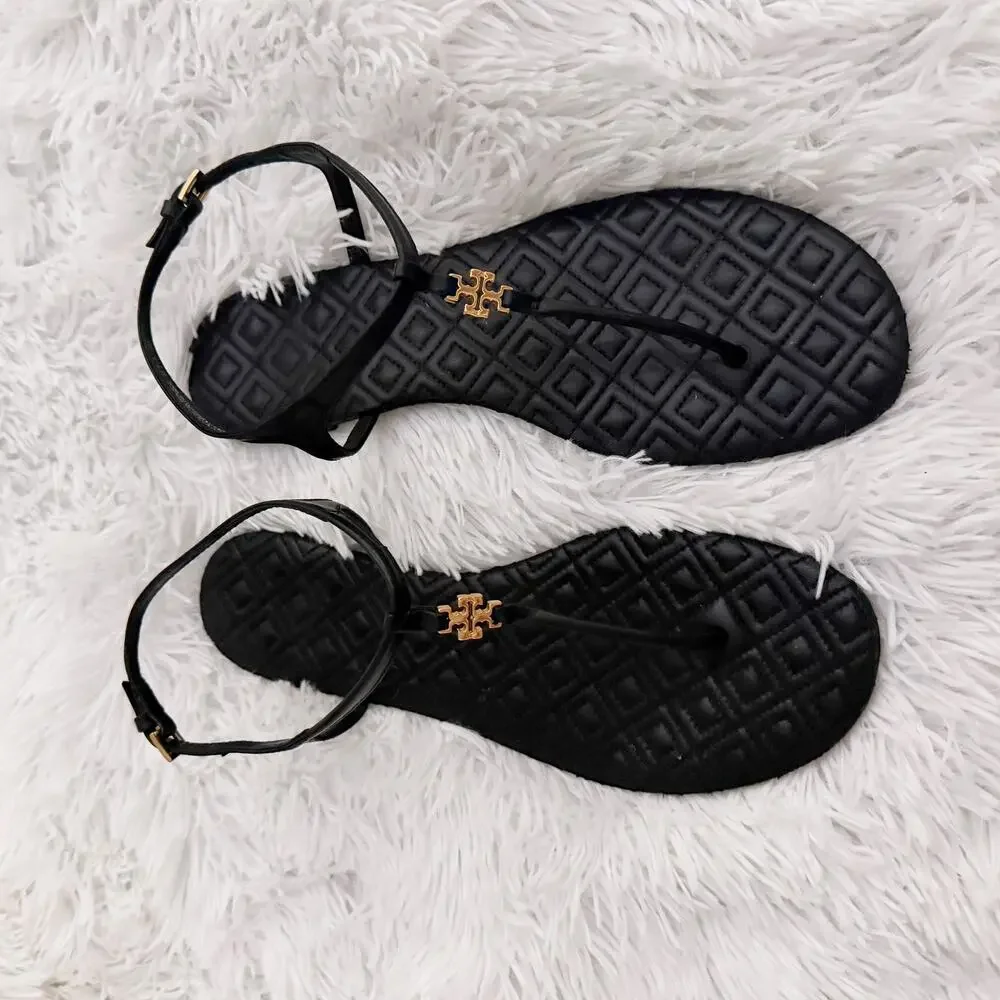 TORY BURCH | Marion Quilted Leather Flat Sandals Black & Gold Ankle Strap | 10